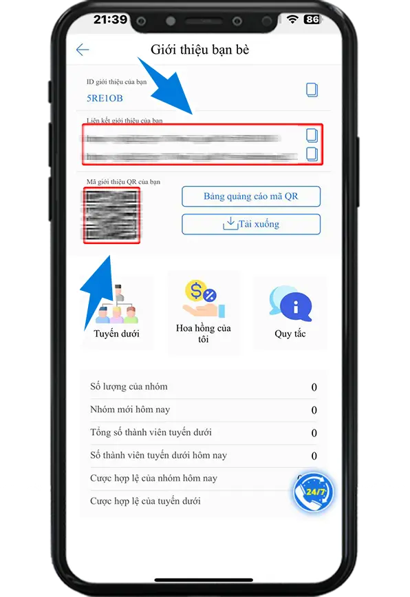 Bước 3 : Sao chép link hoặc tải mã QR gửi cho bạn bè đăng ký